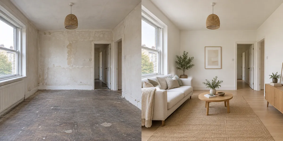 An unfinished room before renovation and the same room with new flooring, painted walls and furniture.